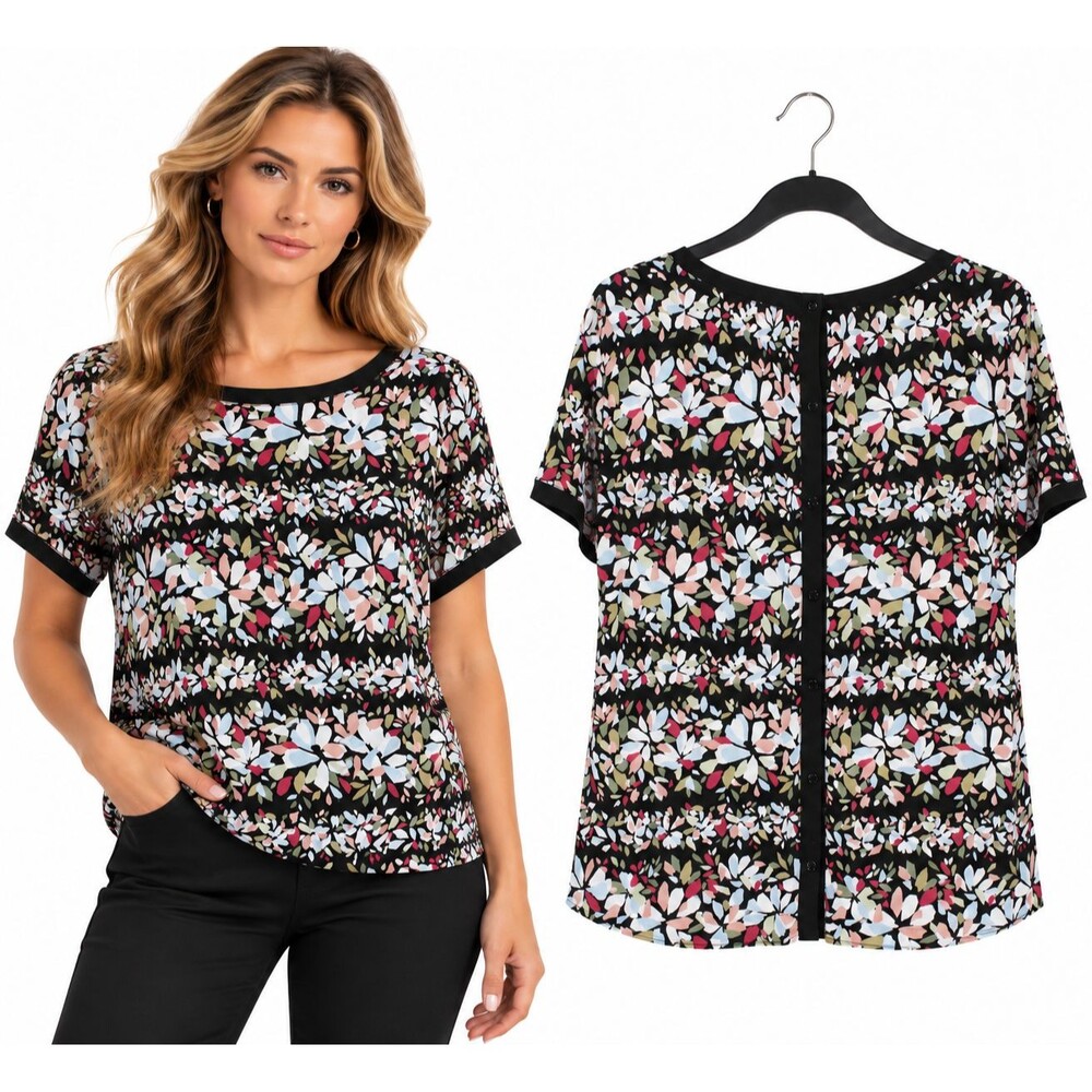 Anne Klein Button Back Top Blouse Size XL Black Multi Short Sleeve Crew Neck
